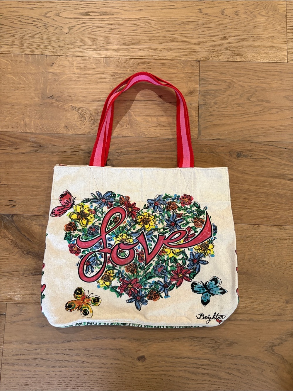 Brighton White Floral 'Love' Tote with Red and Pink Striped Handles